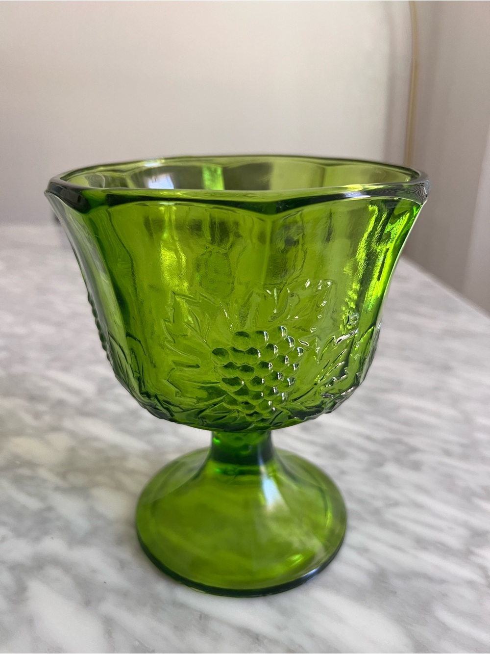 Vintage Green Glass Pedestal Compote - Brand Unknown
